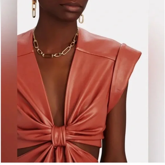 A.L.C Lexi orange or brown vegan leather v neck cutout mini dress - Picture 3 of 12